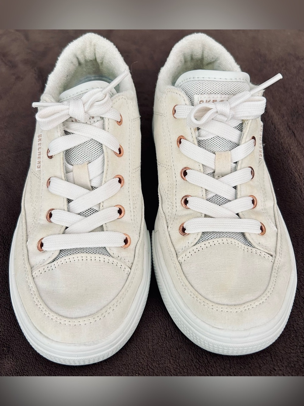 Skechers Women's Cream Canvas Sneakers with Rose-Gold Eyelets